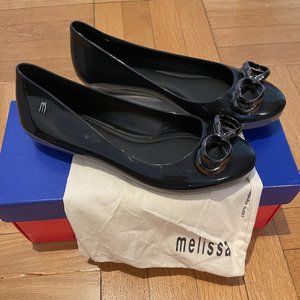 **New** Melissa Black Color Feeling II Jelly Flats with Metal Gunmetal bow